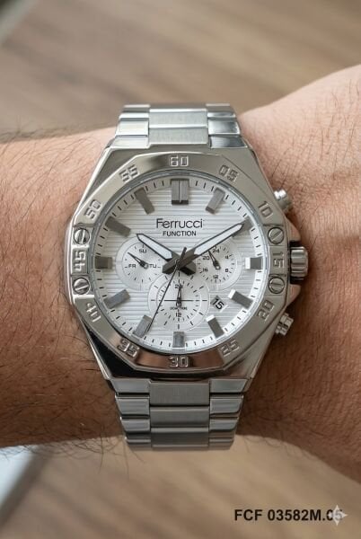 Ferrucci Modern Tasarım Erkek Kol Saati | 45 mm Çelik Kasa, Gümüş Metal Kordon, Gümüş Kadran