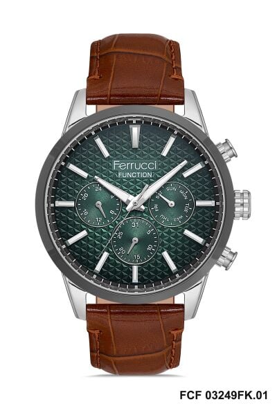 Ferrucci Modern Erkek Kol Saati | 45 mm Çelik Kasa, Açık Kahverengi Deri Kordon, Yeşil Kadran