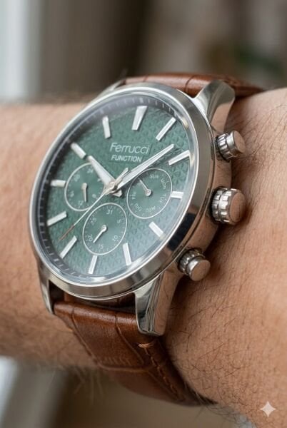 Ferrucci Modern Erkek Kol Saati | 45 mm Çelik Kasa, Açık Kahverengi Deri Kordon, Yeşil Kadran