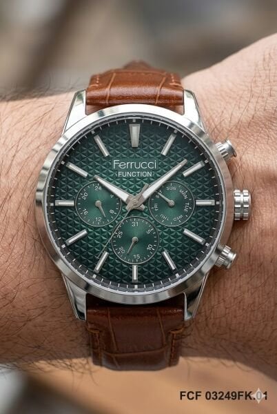 Ferrucci Modern Erkek Kol Saati | 45 mm Çelik Kasa, Açık Kahverengi Deri Kordon, Yeşil Kadran