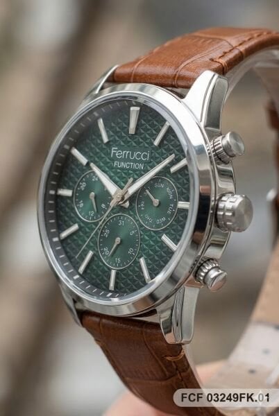 Ferrucci Modern Erkek Kol Saati | 45 mm Çelik Kasa, Açık Kahverengi Deri Kordon, Yeşil Kadran
