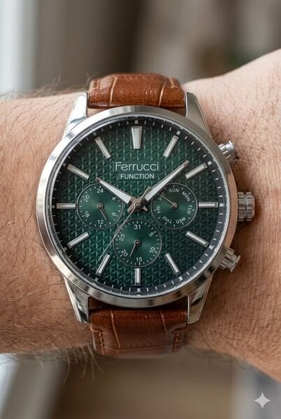 Ferrucci Modern Erkek Kol Saati | 45 mm Çelik Kasa, Açık Kahverengi Deri Kordon, Yeşil Kadran