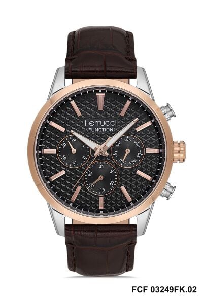 Ferrucci Klasik Erkek Kol Saati | 45 mm Çelik Kasa, Koyu Kahverengi Deri Kordon, Siyah Kadran