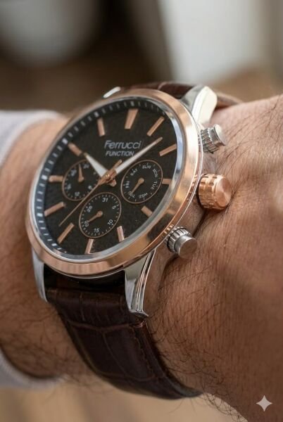 Ferrucci Klasik Erkek Kol Saati | 45 mm Çelik Kasa, Koyu Kahverengi Deri Kordon, Siyah Kadran