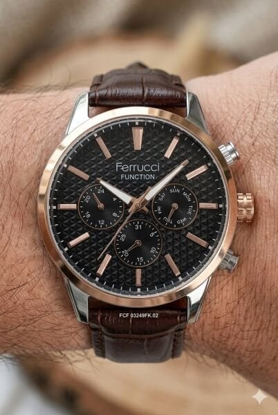 Ferrucci Klasik Erkek Kol Saati | 45 mm Çelik Kasa, Koyu Kahverengi Deri Kordon, Siyah Kadran