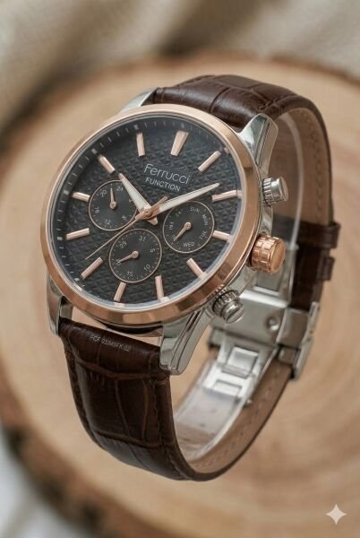 Ferrucci Klasik Erkek Kol Saati | 45 mm Çelik Kasa, Koyu Kahverengi Deri Kordon, Siyah Kadran