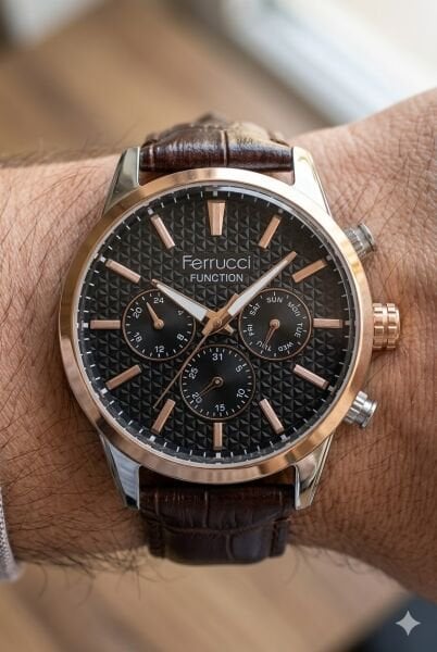 Ferrucci Klasik Erkek Kol Saati | 45 mm Çelik Kasa, Koyu Kahverengi Deri Kordon, Siyah Kadran
