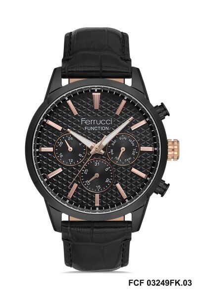 Ferrucci Erkek Kol Saati | 45 mm Çelik Kasa, Siyah Deri Kordon, Siyah Kadran