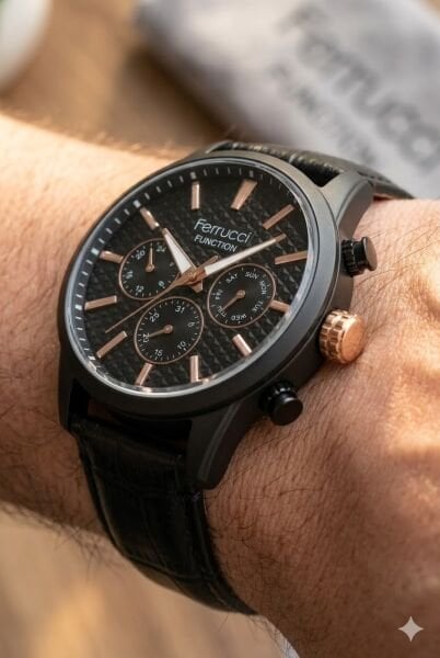 Ferrucci Erkek Kol Saati | 45 mm Çelik Kasa, Siyah Deri Kordon, Siyah Kadran