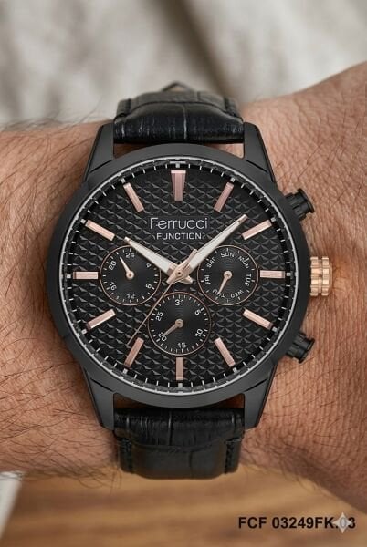 Ferrucci Erkek Kol Saati | 45 mm Çelik Kasa, Siyah Deri Kordon, Siyah Kadran