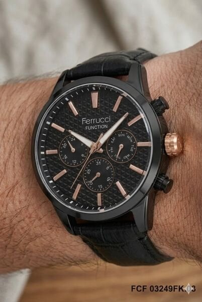 Ferrucci Erkek Kol Saati | 45 mm Çelik Kasa, Siyah Deri Kordon, Siyah Kadran