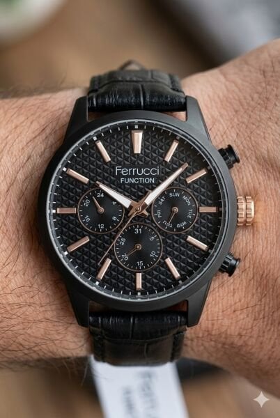 Ferrucci Erkek Kol Saati | 45 mm Çelik Kasa, Siyah Deri Kordon, Siyah Kadran