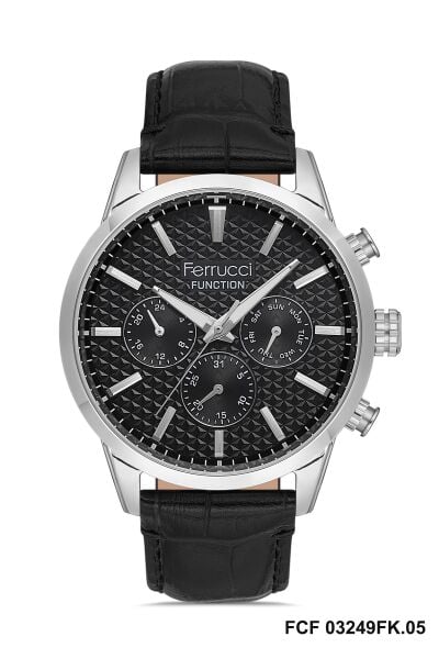 Ferrucci Modern Erkek Kol Saati | 45 mm Çelik Kasa, Siyah Deri Kordon, Siyah Kadran