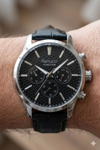 Ferrucci Modern Erkek Kol Saati | 45 mm Çelik Kasa, Siyah Deri Kordon, Siyah Kadran