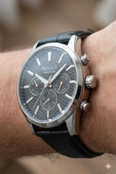 Ferrucci Modern Erkek Kol Saati | 45 mm Çelik Kasa, Siyah Deri Kordon, Siyah Kadran