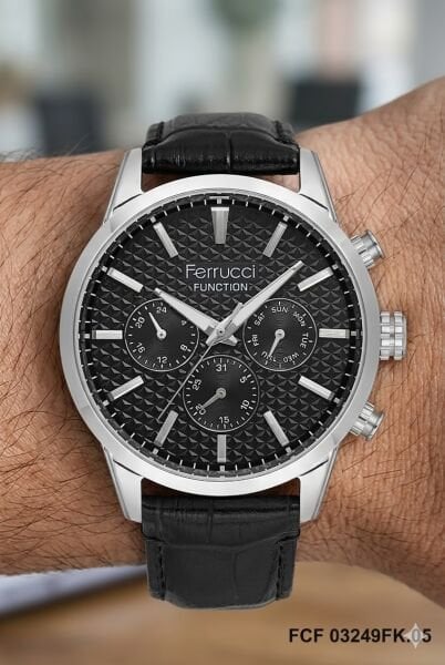 Ferrucci Modern Erkek Kol Saati | 45 mm Çelik Kasa, Siyah Deri Kordon, Siyah Kadran