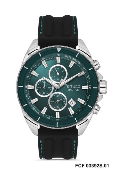 Ferrucci Erkek Kol Saati | 46 mm Çelik Kasa, Siyah Silikon Kordon, Turkuaz Kadran