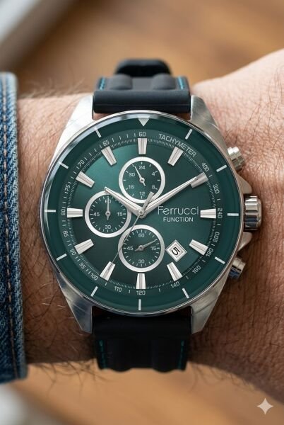 Ferrucci Erkek Kol Saati | 46 mm Çelik Kasa, Siyah Silikon Kordon, Turkuaz Kadran