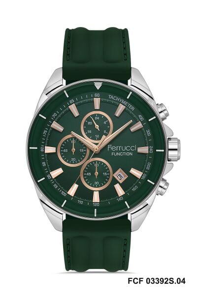 Ferrucci Spor Erkek Kol Saati | 46 mm Çelik Kasa, Yeşil Silikon Kordon, Yeşil Kadran