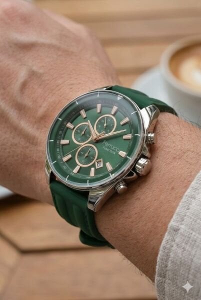 Ferrucci Spor Erkek Kol Saati | 46 mm Çelik Kasa, Yeşil Silikon Kordon, Yeşil Kadran