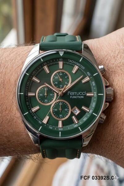 Ferrucci Spor Erkek Kol Saati | 46 mm Çelik Kasa, Yeşil Silikon Kordon, Yeşil Kadran
