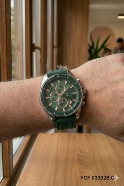 Ferrucci Spor Erkek Kol Saati | 46 mm Çelik Kasa, Yeşil Silikon Kordon, Yeşil Kadran