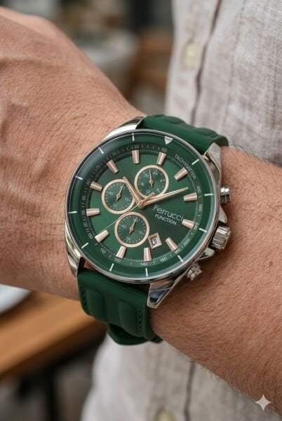 Ferrucci Spor Erkek Kol Saati | 46 mm Çelik Kasa, Yeşil Silikon Kordon, Yeşil Kadran