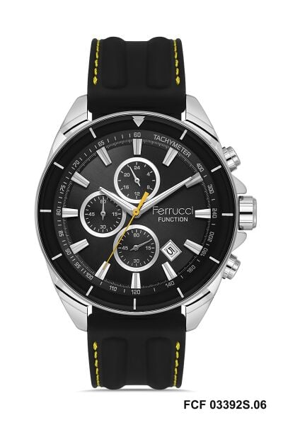 Ferrucci Spor Tasarım Erkek Kol Saati | 46 mm Çelik Kasa, Siyah Silikon Kordon, Siyah Kadran