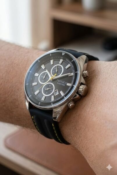 Ferrucci Spor Tasarım Erkek Kol Saati | 46 mm Çelik Kasa, Siyah Silikon Kordon, Siyah Kadran