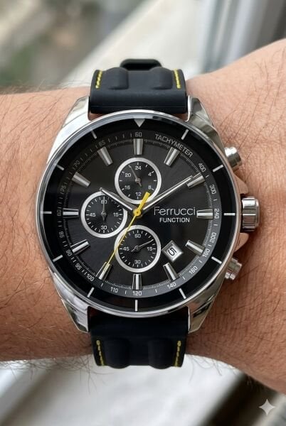 Ferrucci Spor Tasarım Erkek Kol Saati | 46 mm Çelik Kasa, Siyah Silikon Kordon, Siyah Kadran