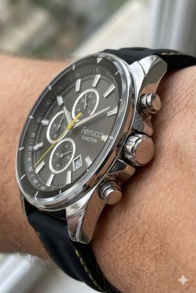 Ferrucci Spor Tasarım Erkek Kol Saati | 46 mm Çelik Kasa, Siyah Silikon Kordon, Siyah Kadran