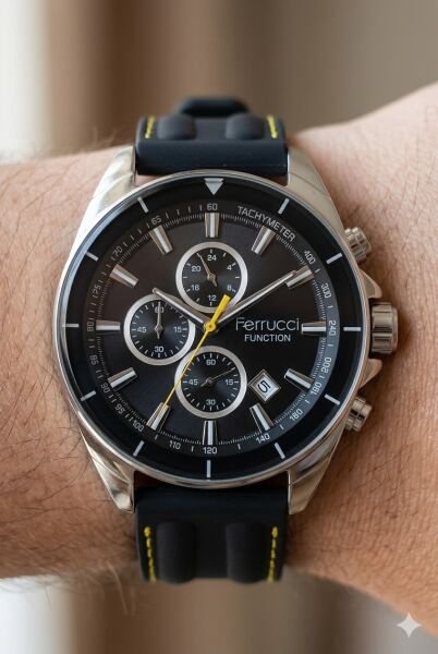Ferrucci Spor Tasarım Erkek Kol Saati | 46 mm Çelik Kasa, Siyah Silikon Kordon, Siyah Kadran