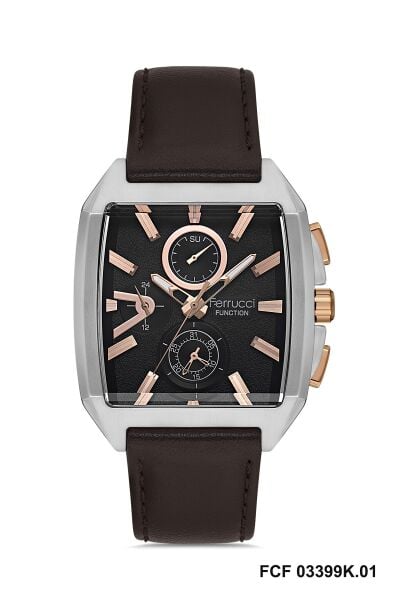 Ferrucci Modern Kasa Erkek Kol Saati | 42 mm Çelik Kasa, Koyu Kahverengi Deri Kordon, Kahverengi Kadran