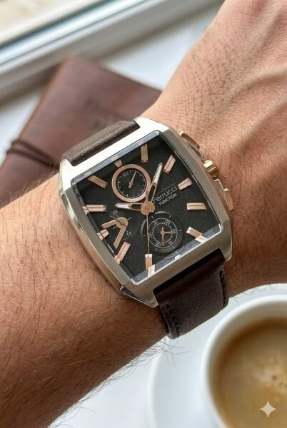 Ferrucci Modern Kasa Erkek Kol Saati | 42 mm Çelik Kasa, Koyu Kahverengi Deri Kordon, Kahverengi Kadran