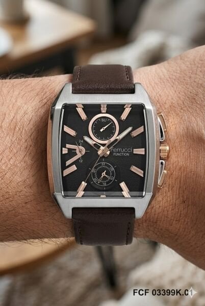Ferrucci Modern Kasa Erkek Kol Saati | 42 mm Çelik Kasa, Koyu Kahverengi Deri Kordon, Kahverengi Kadran