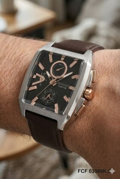 Ferrucci Modern Kasa Erkek Kol Saati | 42 mm Çelik Kasa, Koyu Kahverengi Deri Kordon, Kahverengi Kadran