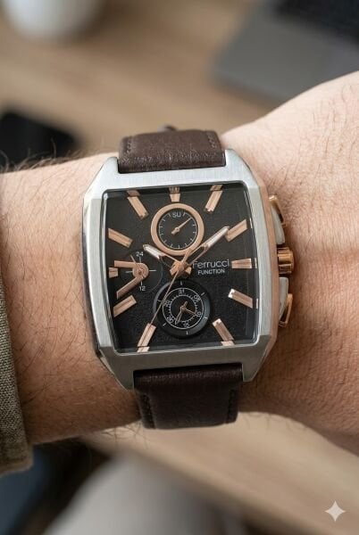 Ferrucci Modern Kasa Erkek Kol Saati | 42 mm Çelik Kasa, Koyu Kahverengi Deri Kordon, Kahverengi Kadran