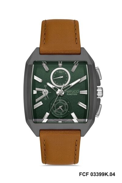 Ferrucci Şık Tasarım Erkek Kol Saati | 42 mm Çelik Kasa, Açık Kahverengi Deri Kordon, Koyu Gri Kadran