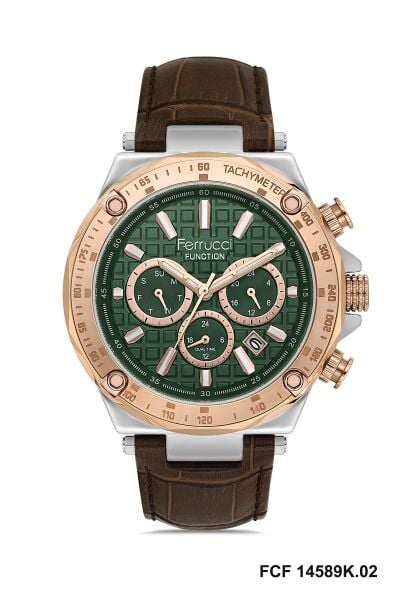 Ferrucci Erkek Kol Saati | 44 mm Çelik Kasa, Açık Kahverengi Deri Kordon, Yeşil Kadran