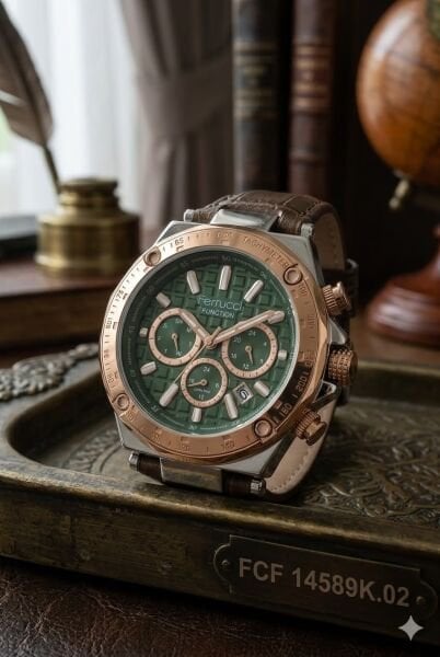 Ferrucci Erkek Kol Saati | 44 mm Çelik Kasa, Açık Kahverengi Deri Kordon, Yeşil Kadran
