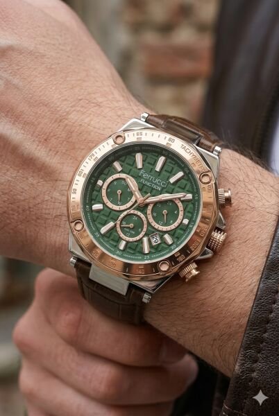 Ferrucci Erkek Kol Saati | 44 mm Çelik Kasa, Açık Kahverengi Deri Kordon, Yeşil Kadran