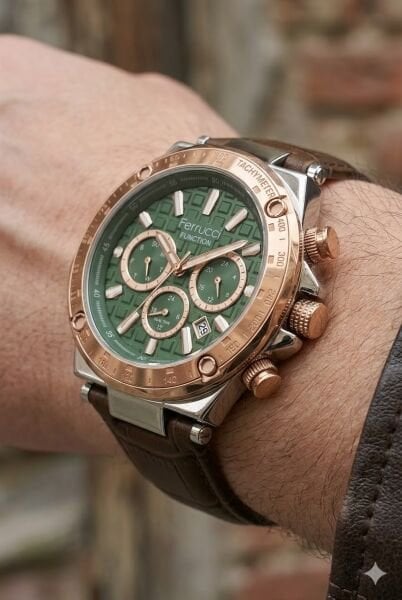 Ferrucci Erkek Kol Saati | 44 mm Çelik Kasa, Açık Kahverengi Deri Kordon, Yeşil Kadran