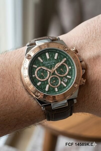 Ferrucci Erkek Kol Saati | 44 mm Çelik Kasa, Açık Kahverengi Deri Kordon, Yeşil Kadran