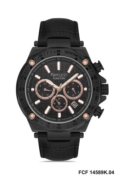 Ferrucci Siyah Erkek Kol Saati | 44 mm Çelik Kasa, Siyah Deri Kordon, Siyah Kadran