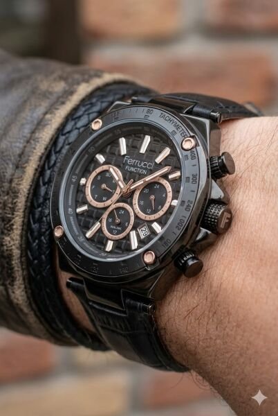 Ferrucci Siyah Erkek Kol Saati | 44 mm Çelik Kasa, Siyah Deri Kordon, Siyah Kadran