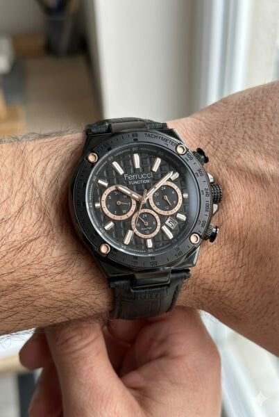 Ferrucci Siyah Erkek Kol Saati | 44 mm Çelik Kasa, Siyah Deri Kordon, Siyah Kadran