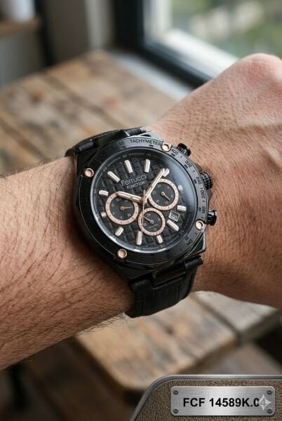 Ferrucci Siyah Erkek Kol Saati | 44 mm Çelik Kasa, Siyah Deri Kordon, Siyah Kadran