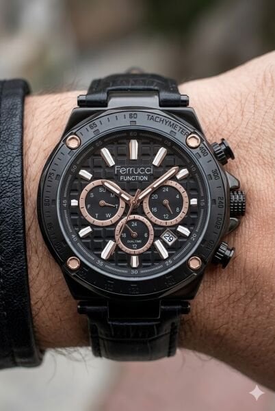 Ferrucci Siyah Erkek Kol Saati | 44 mm Çelik Kasa, Siyah Deri Kordon, Siyah Kadran