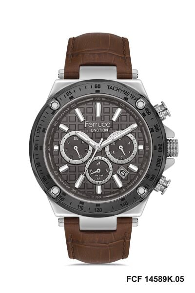 Ferrucci Erkek Kol Saati | 44 mm Çelik Kasa, Açık Kahverengi Deri Kordon, Gri Kadran