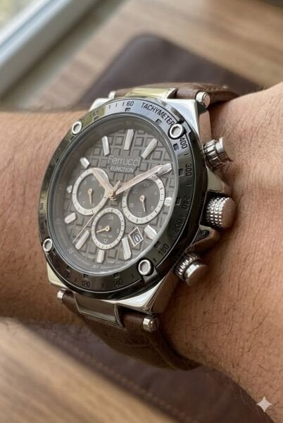 Ferrucci Erkek Kol Saati | 44 mm Çelik Kasa, Açık Kahverengi Deri Kordon, Gri Kadran